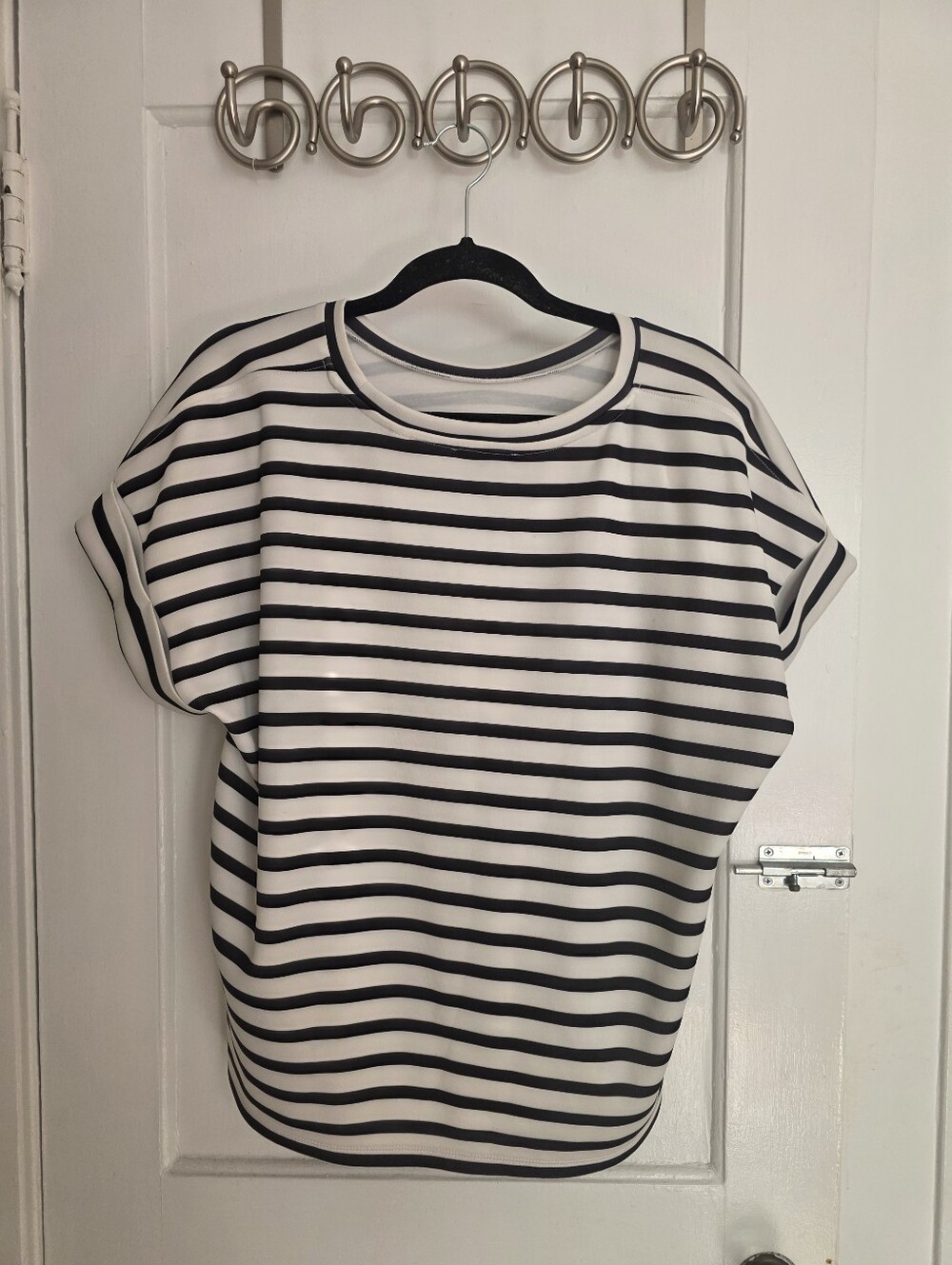 Women's Black and White Striped Crewneck Top